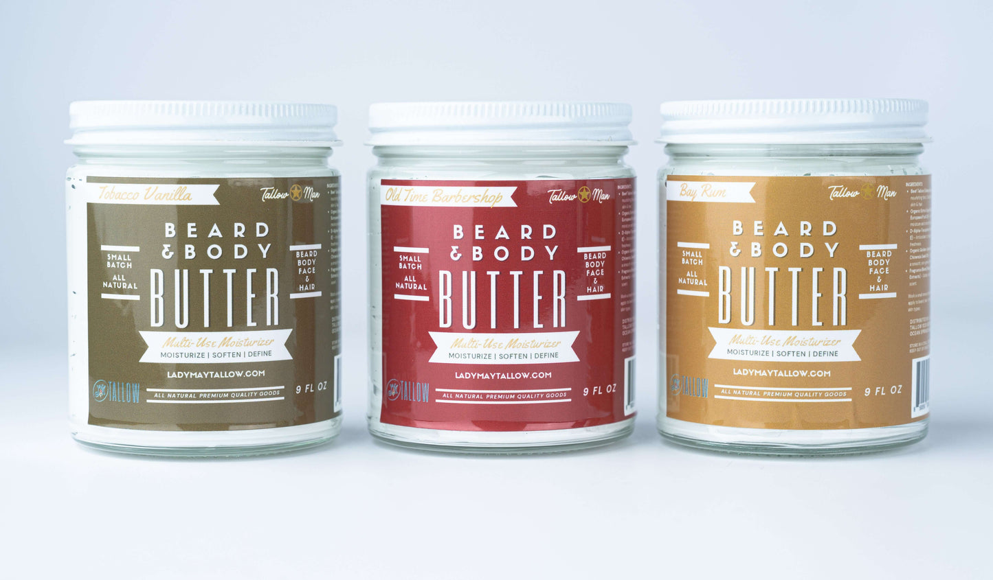 Tallow Man Beard Butter Trio – Bay Rum, Tobacco Vanilla, Barbershop