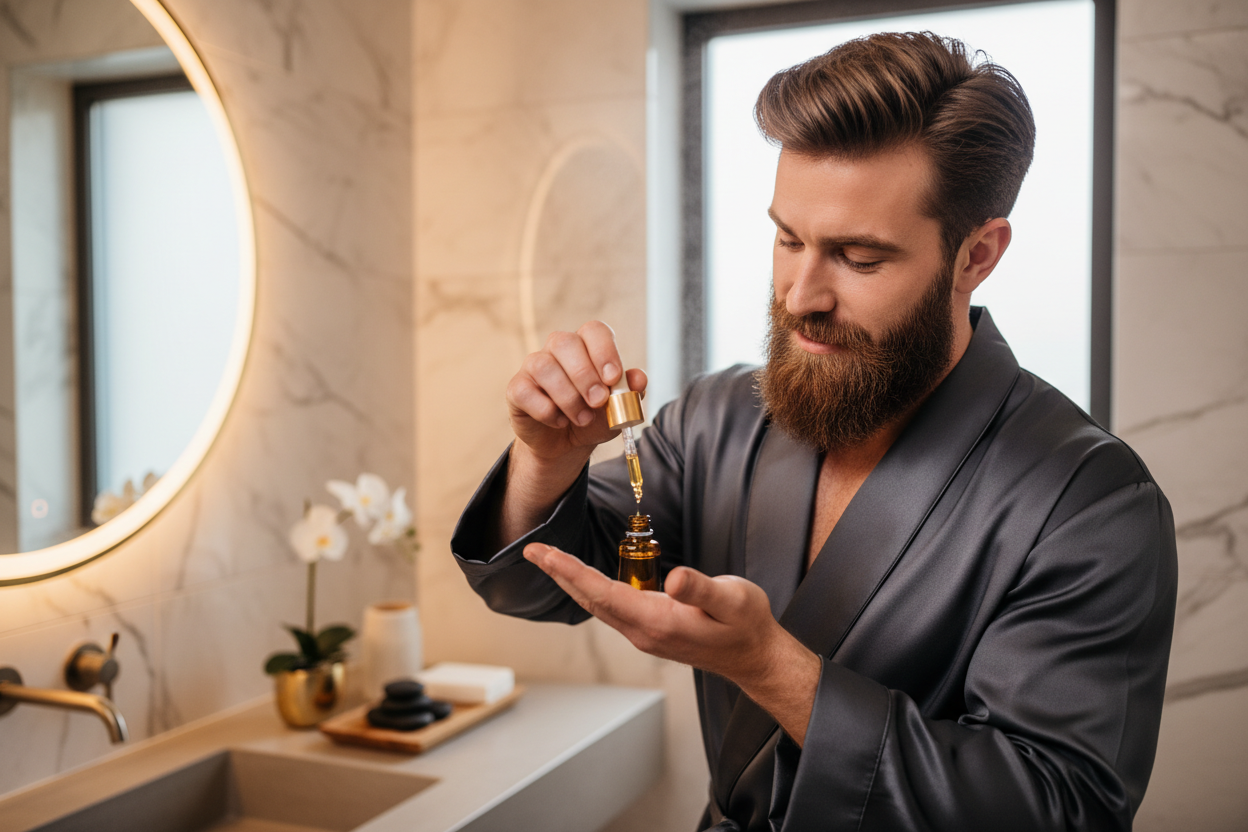 Man in robe holding beard oil dropper and bottle in bathroom, ready for grooming